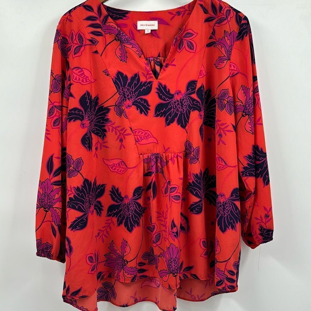 Molly & Isadora Floral V Neck Blouse with 3/4 Sleeves